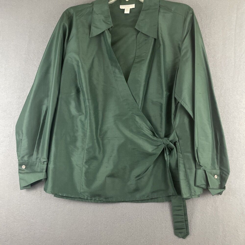 Charter Club Woman 100% Silk Satin Wrap Blouse Size 16W Green Tie Front Career
